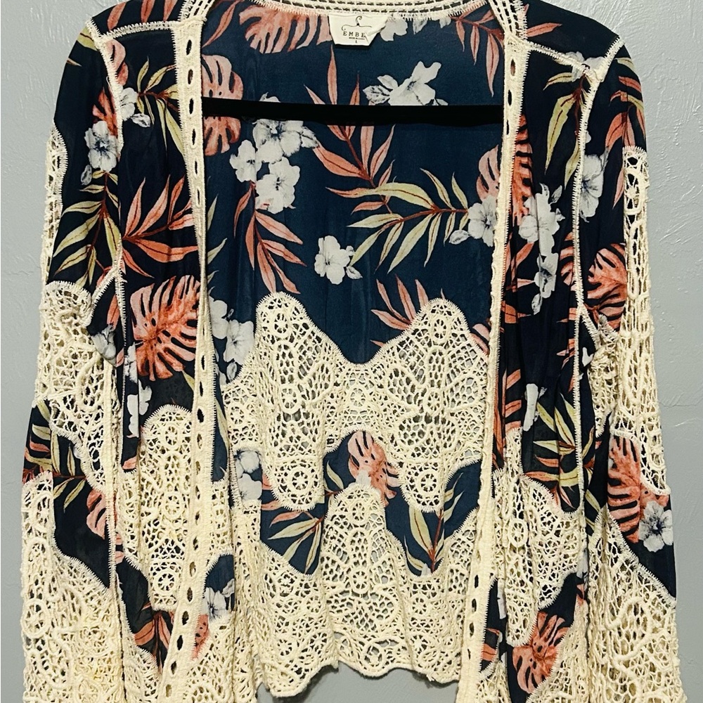 Floral Crochet Open-Front Cardigan